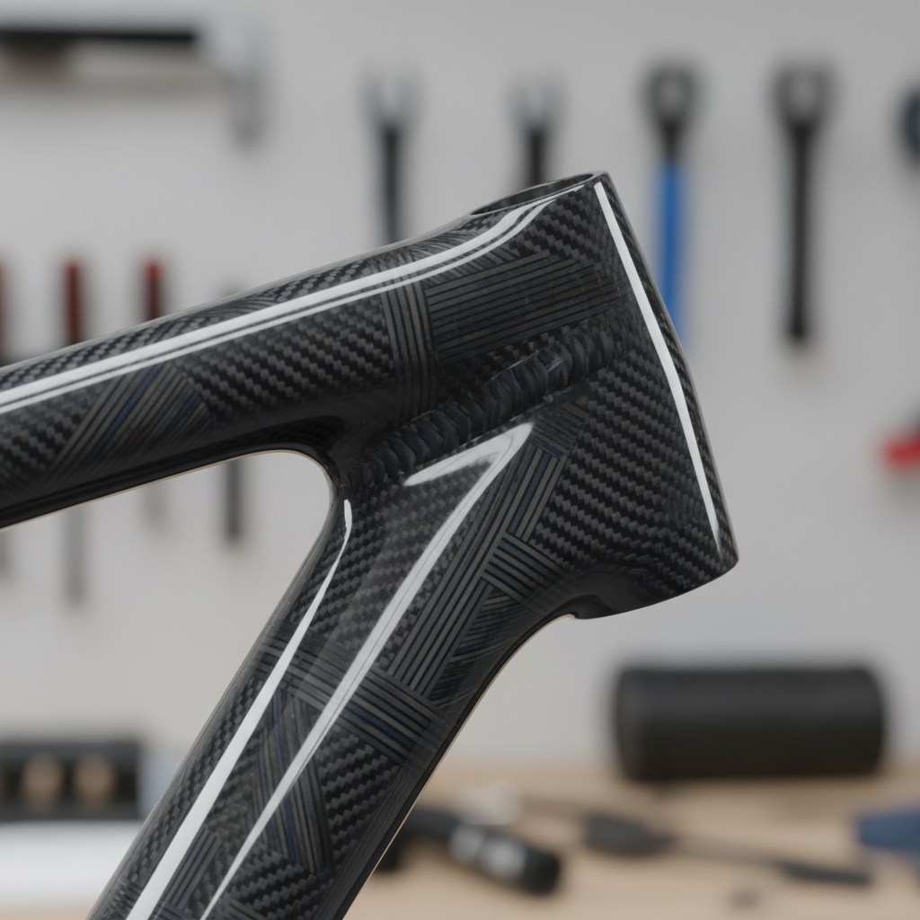 Detalhe de uma junção do quadro de uma mountain bike em fibra de carbono, evidenciando a precisão da construção e a integração perfeita dos materiais.