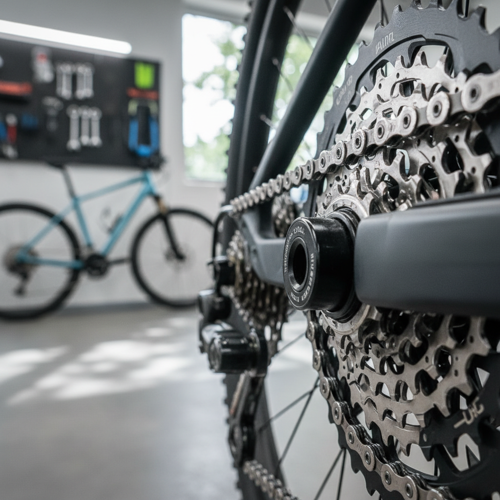 Corrente e cassete de e-bike MTB meticulosamente limpos e lubrificados, um exemplo de manutenção preventiva para prolongar a vida útil dos componentes.