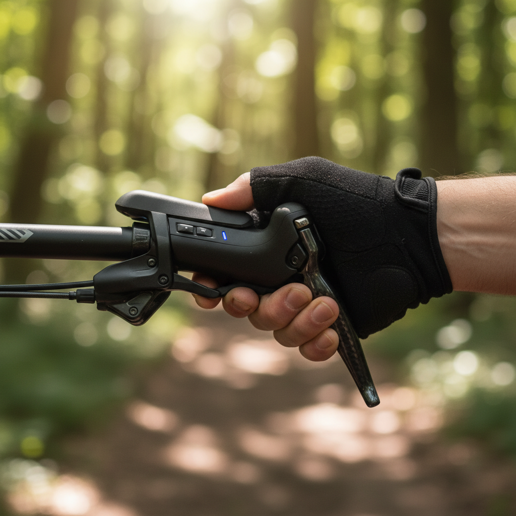 Detalhe da alavanca de câmbio sem fio, demonstrando a precisão e a ergonomia que esses sistemas oferecem ao ciclista em meio à trilha.