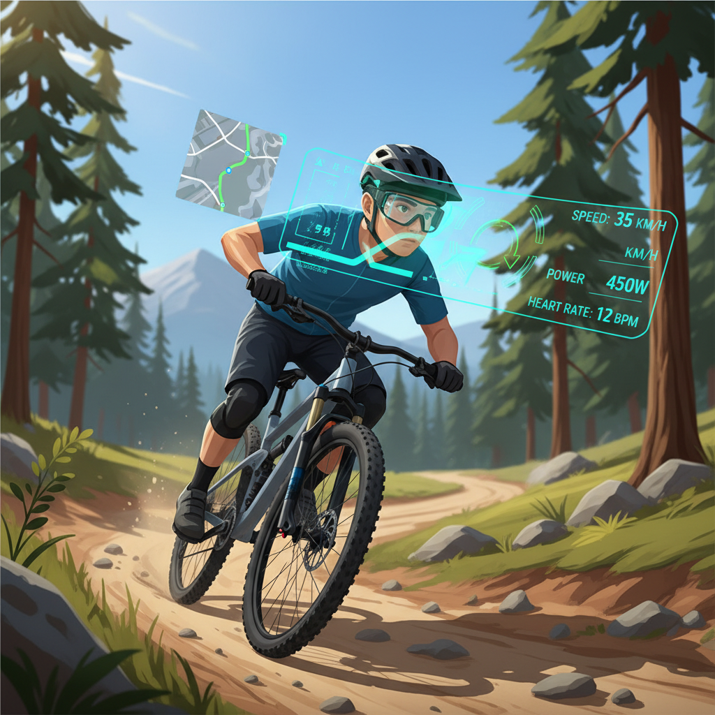 Ciclista de montanha usando óculos de Realidade Aumentada, com navegação e dados de performance exibidos sobrepostos à vista da trilha real.