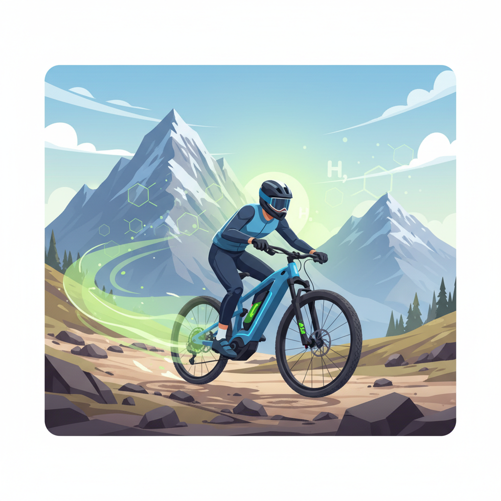 Ciclista de E-MTB desfrutando da liberdade de uma trilha em meio à natureza, impulsionado pela promessa de maior autonomia do hidrogênio verde.