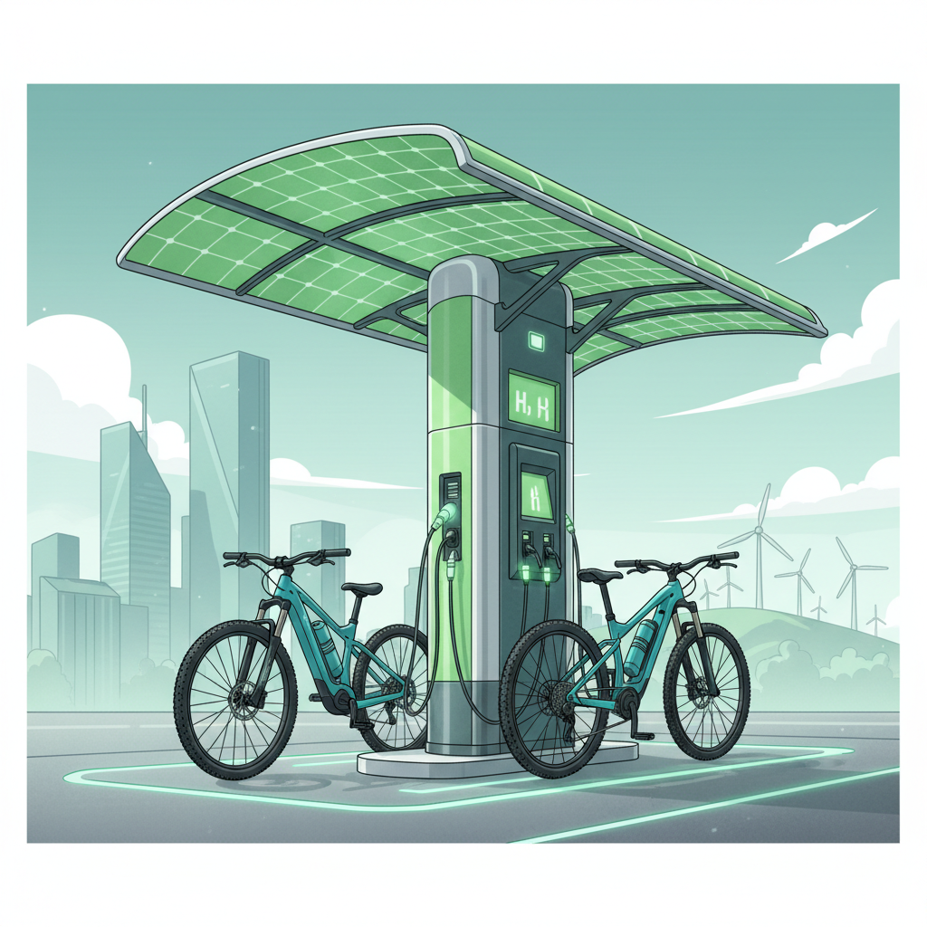 Uma mini estação de hidrogênio verde futurista, com um ciclista abastecendo sua E-MTB de forma rápida e eficiente.