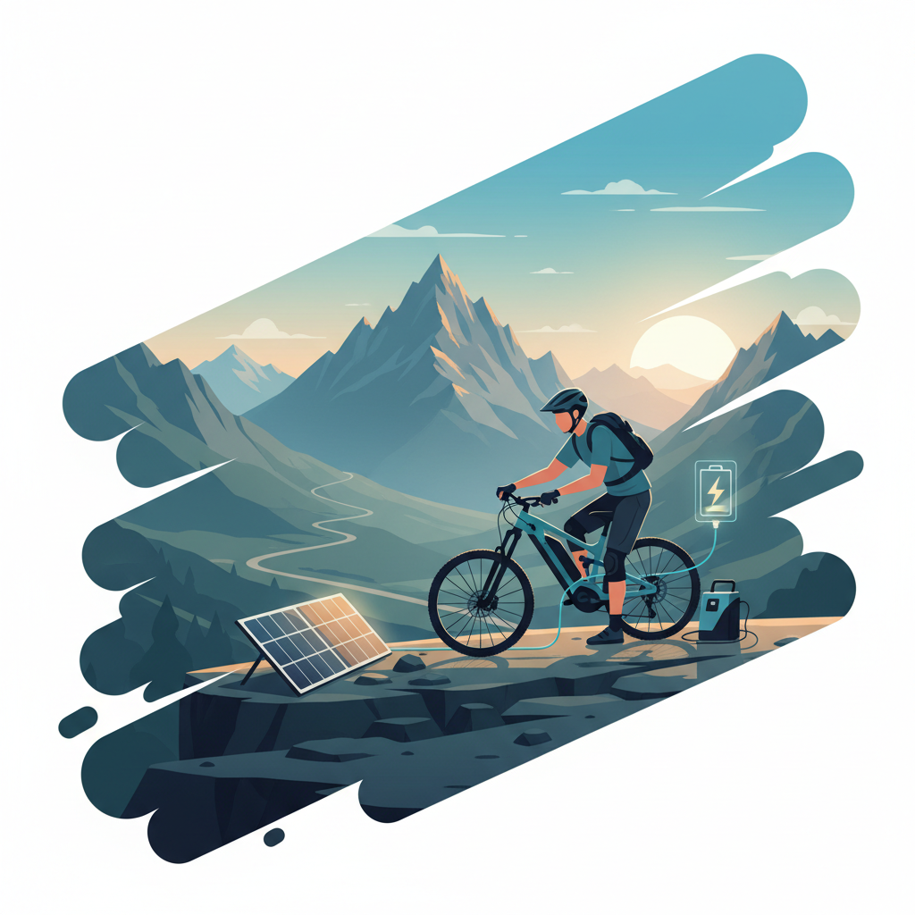 Um ciclista recarrega sua E-MTB em meio à natureza, um cenário que se tornará ainda mais comum e eficiente com as baterias de estado sólido.