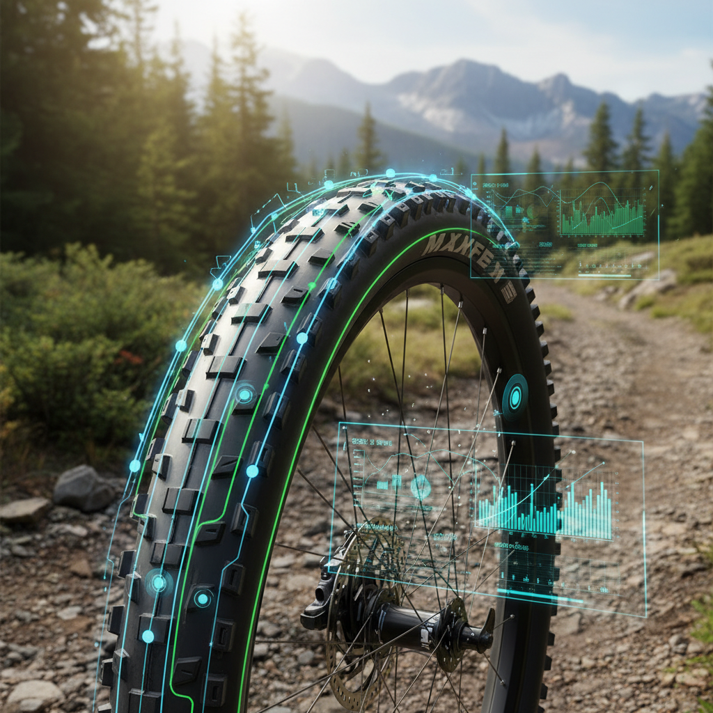 Pneu de mountain bike com sensores integrados, exibindo fluxos de dados e padrões de rodagem adaptativos em uma superfície de trilha dinâmica.