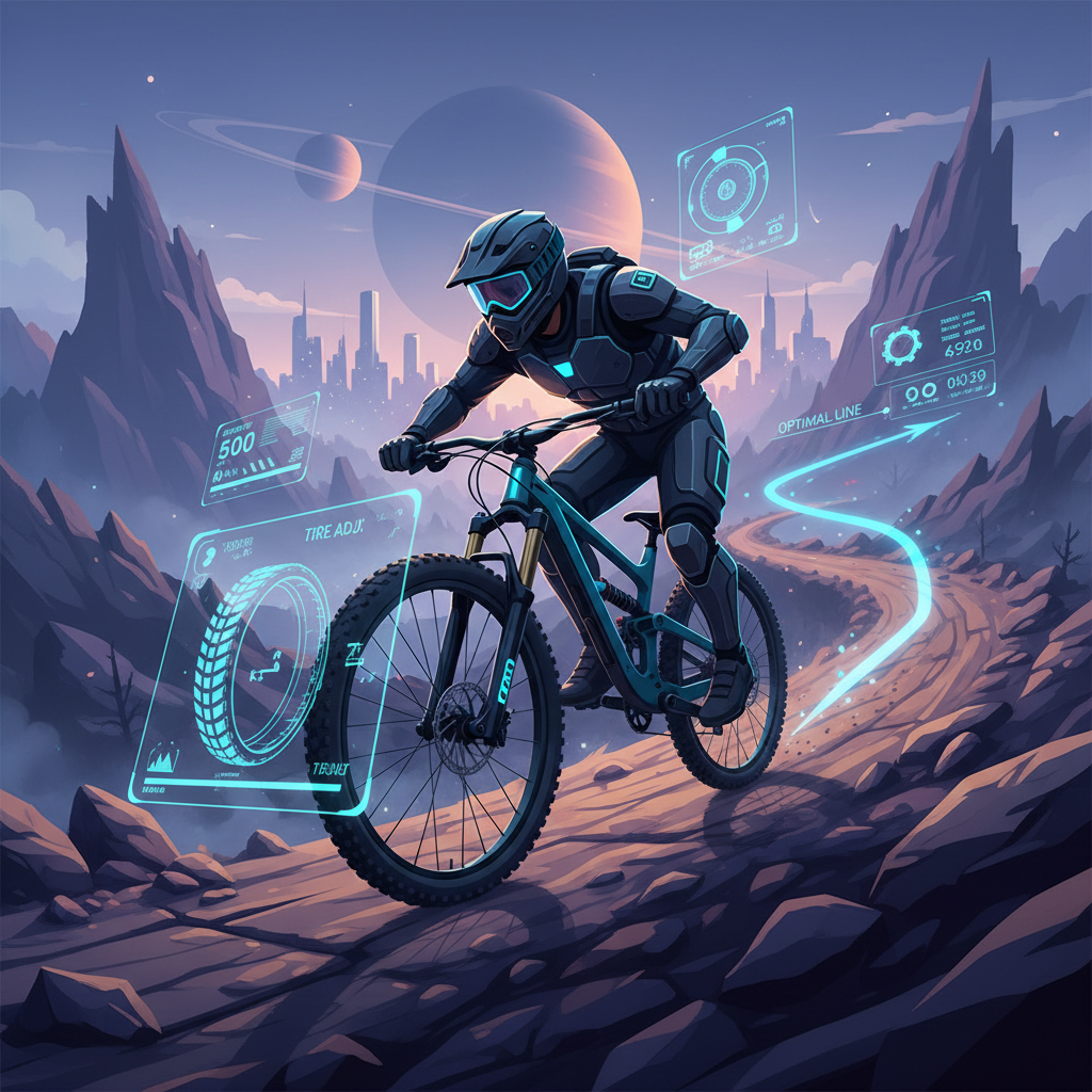 Ilustração futurista de ciclista de montanha em trilha com elementos de realidade aumentada e bike de ponta.