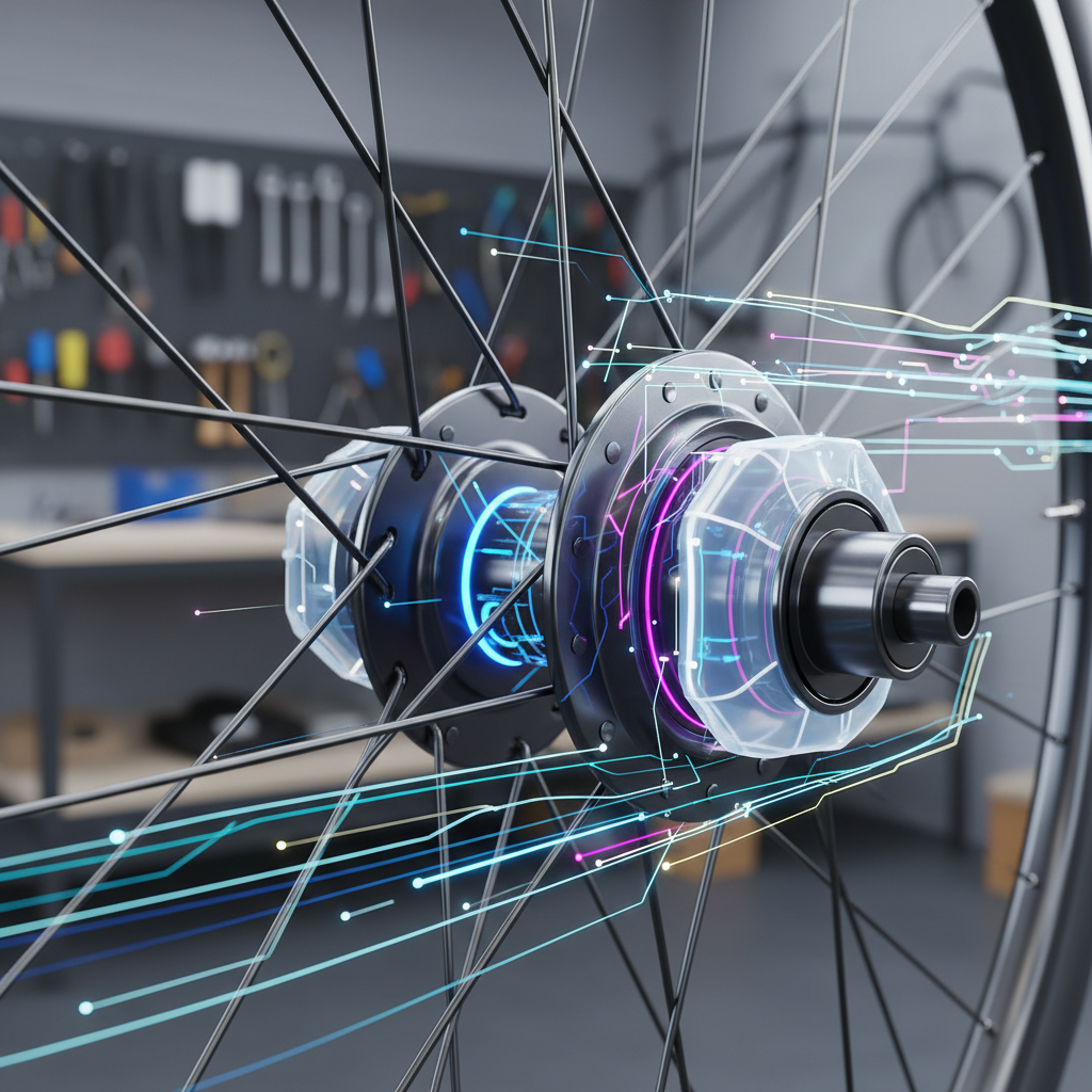Sensores inteligentes integrados a um cubo de roda de MTB, coletando dados de desempenho.