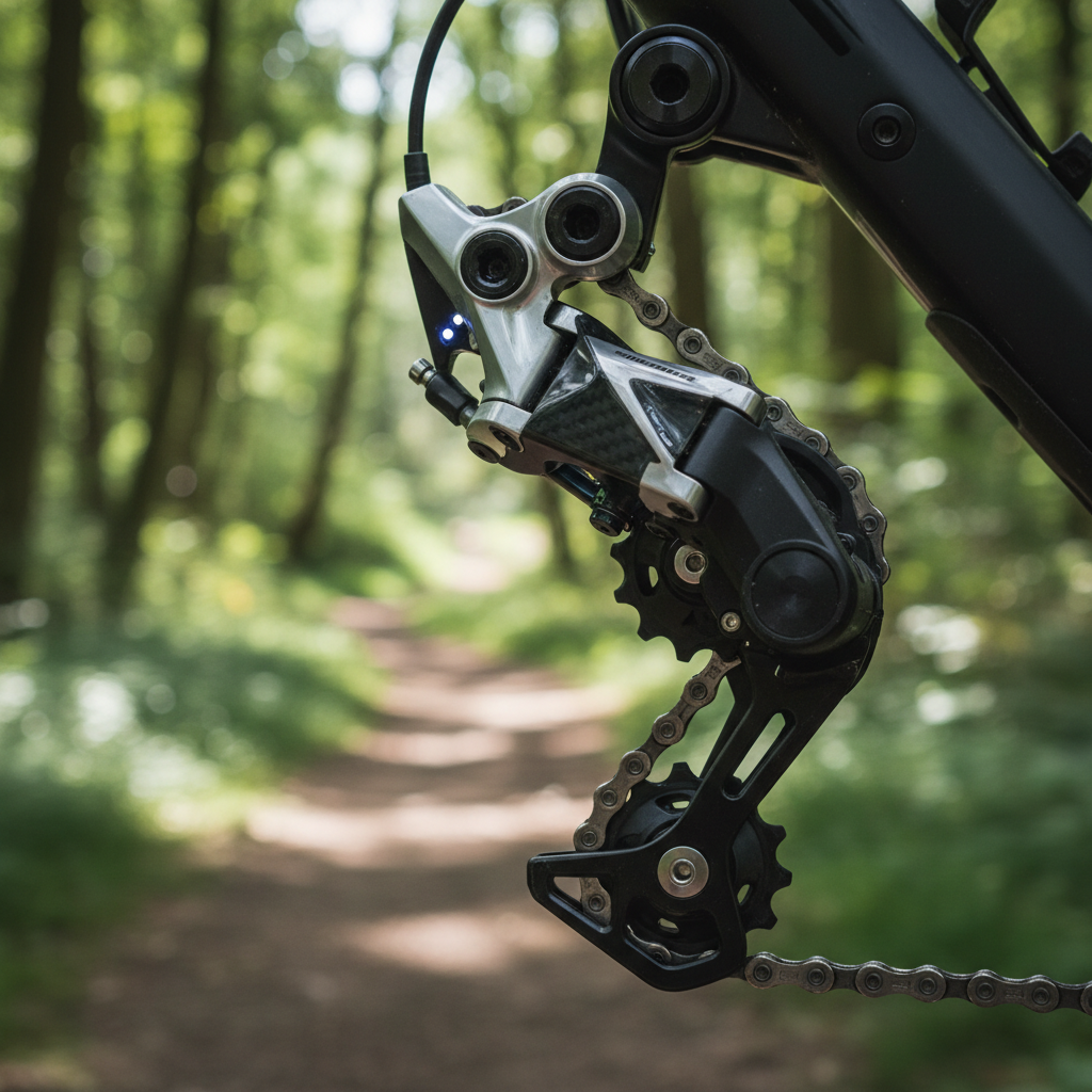 Detalhe de um câmbio eletrônico wireless de mountain bike, mostrando sua precisão e design moderno em um ambiente natural.