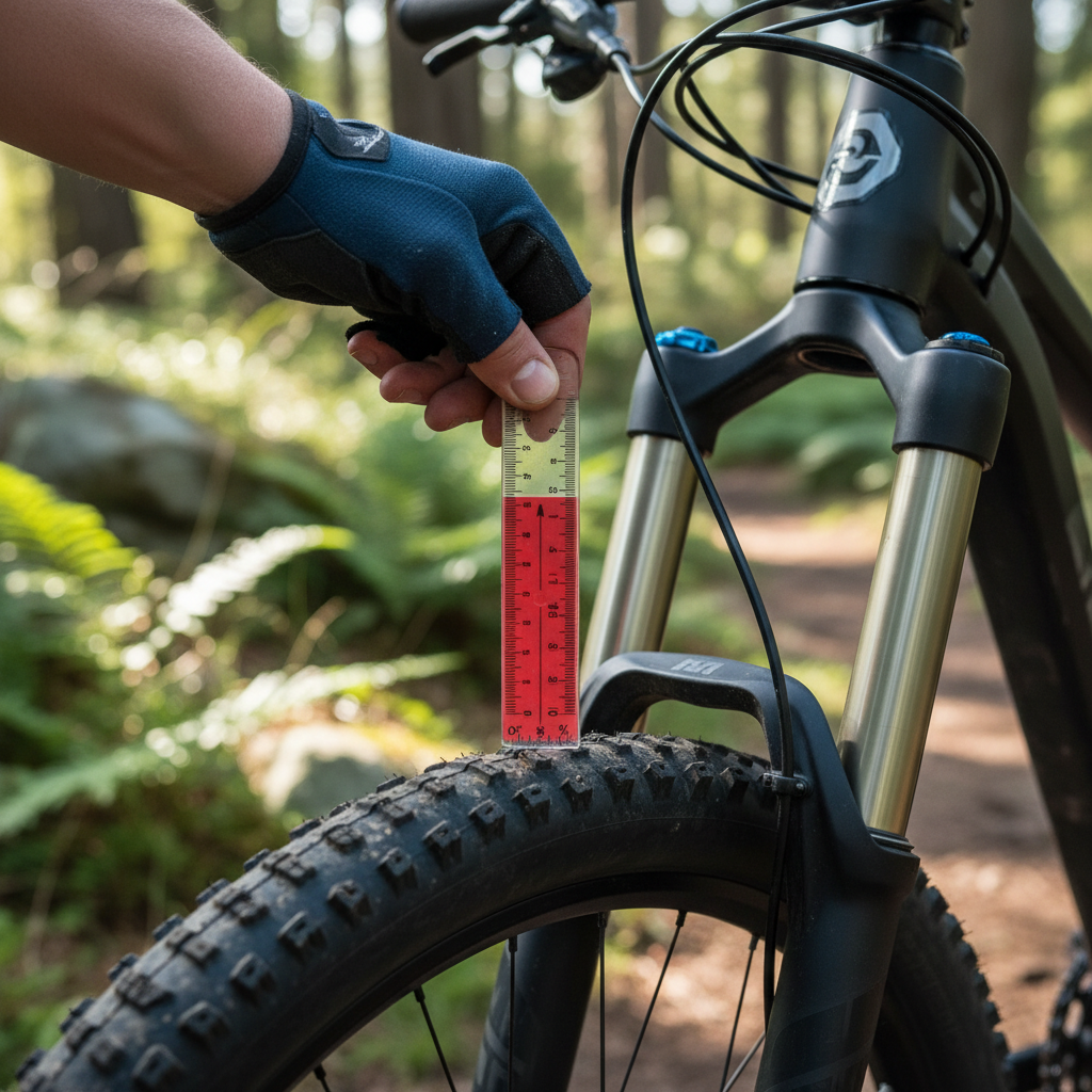 Medição do sag em uma suspensão dianteira de mountain bike, um passo crucial para um setup inicial correto.