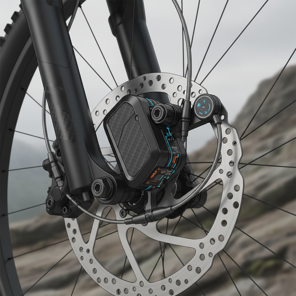 Detalhe de um sistema de freio ABS moderno para mountain bikes, destacando a integração tecnológica e o design avançado dos componentes.