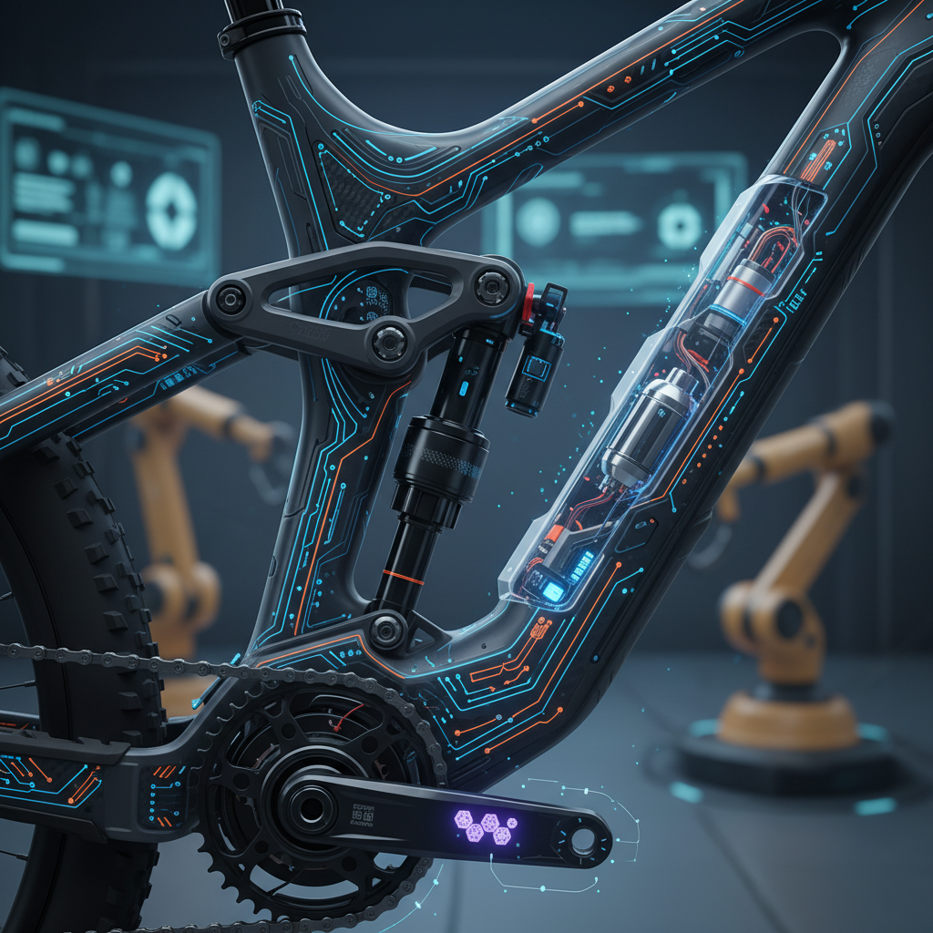 Detalhe de uma junção de quadro de MTB adaptativo, revelando padrões intrincados de materiais inteligentes e componentes eletrônicos que permitem ajustes em tempo real.