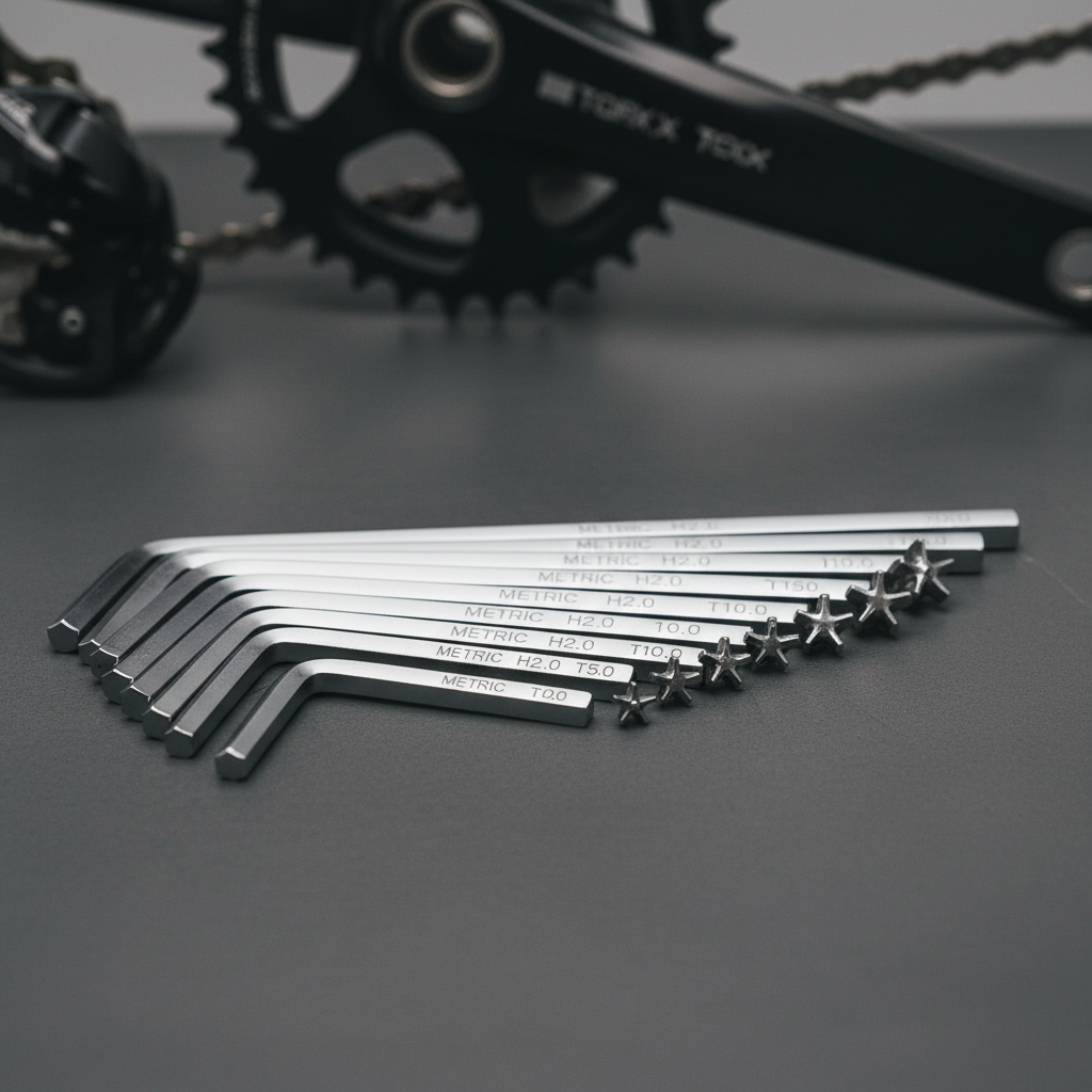 Um conjunto de chaves Allen e Torx, ferramentas cruciais para a manutenção de cada parafuso da sua MTB.