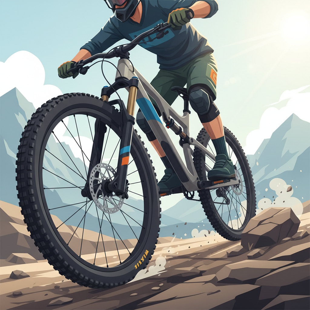 Ciclista de MTB em trilha rochosa, demonstrando a capacidade das rodas e raios de absorverem impactos e manterem o controle.