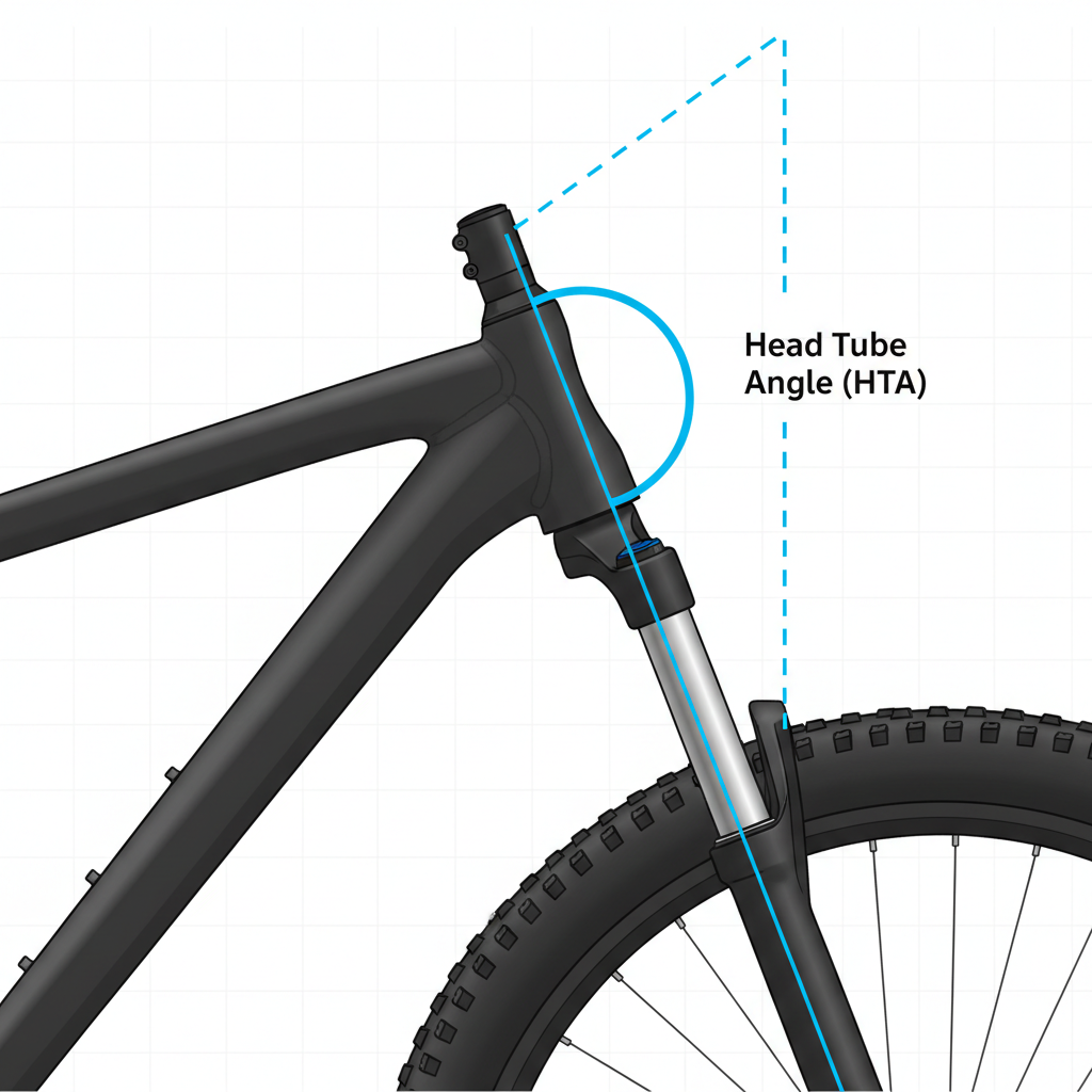 Visão detalhada do tubo da caixa de direção e da roda dianteira de uma MTB, evidenciando o ângulo da caixa de direção (HTA) com diagramas para maior clareza.