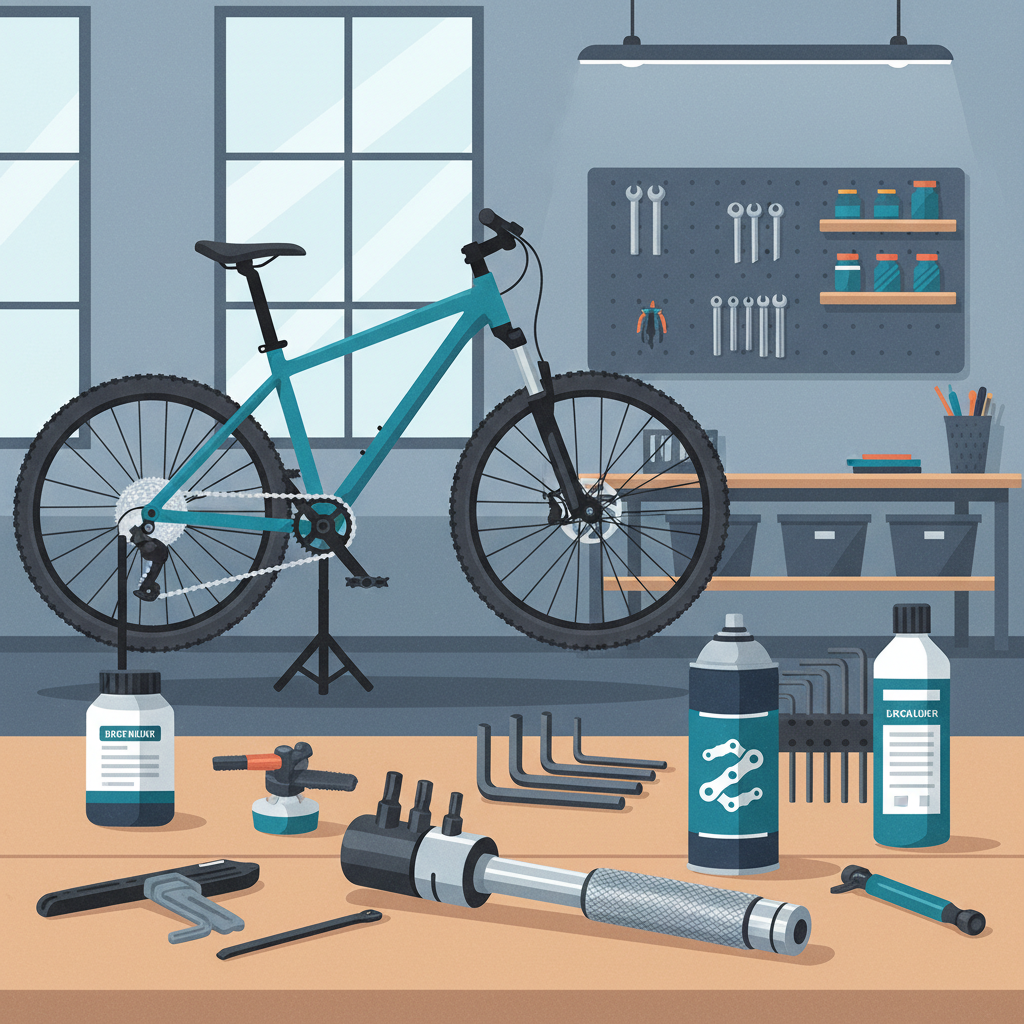 Ferramentas de manutenção de bicicleta dispostas ao lado de uma mountain bike em uma oficina, com enfoque em chave de torque e lubrificante de corrente.