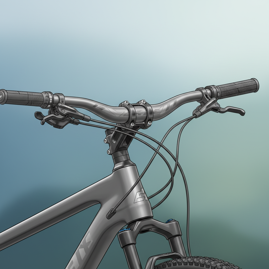 Detalhe de um guidão e avanço de mountain bike, destacando o design inovador e a fabricação em liga de alumínio de alta performance.