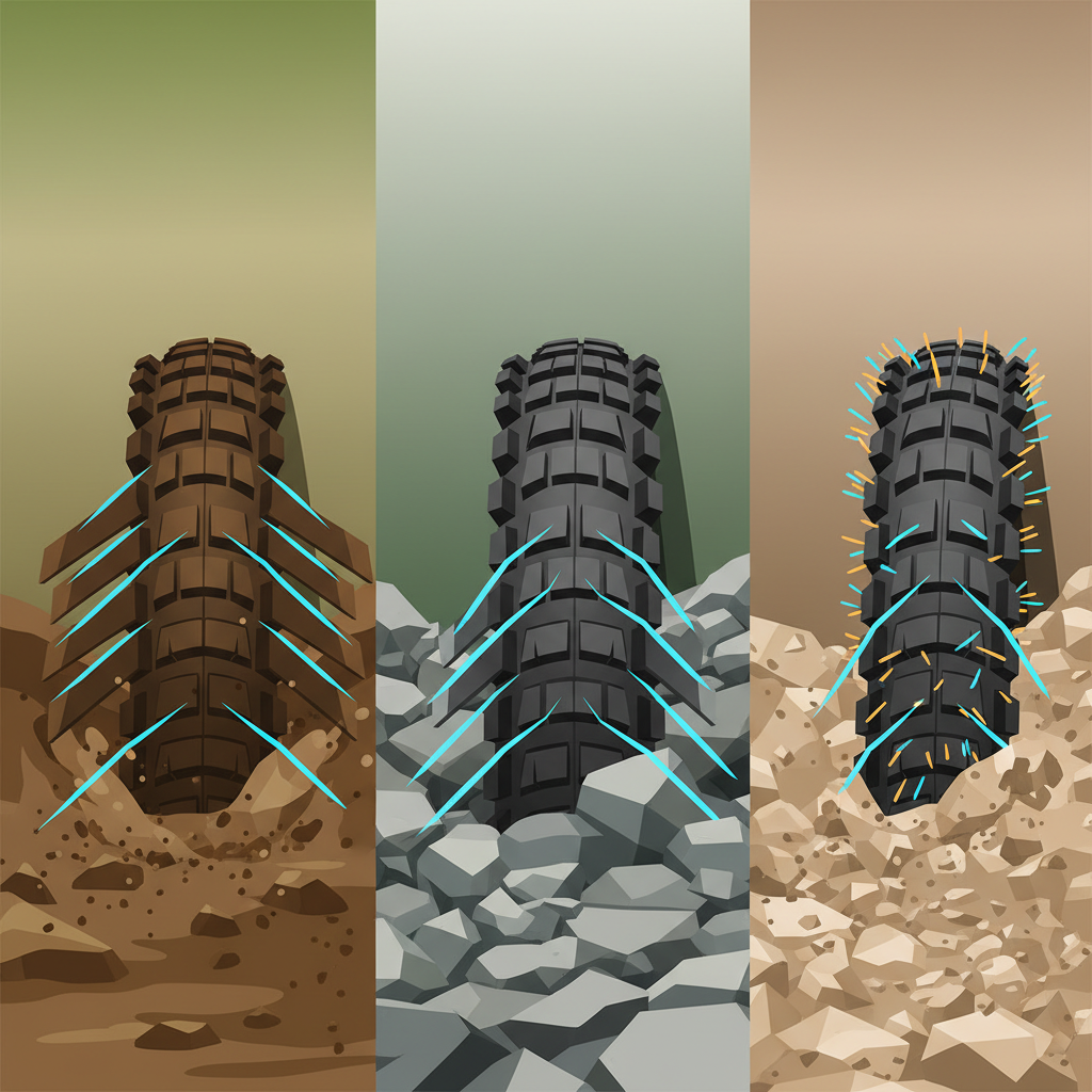 Detalhe de um pneu de MTB com geometria adaptativa em ação, exibindo seus cravos se ajustando para otimizar a tração em terrenos diversos.