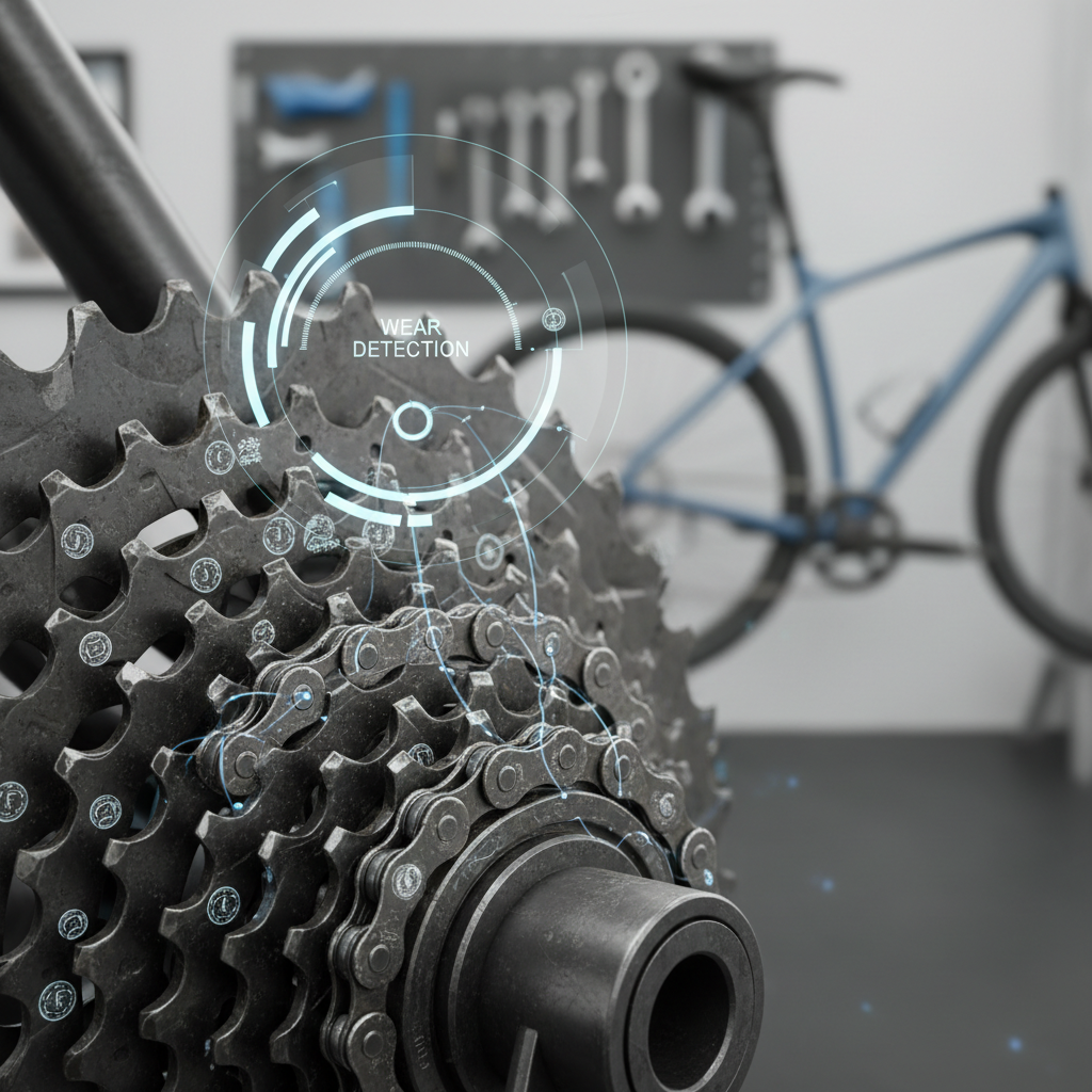 Uma imagem detalhada e em close-up de uma corrente de bicicleta e cassete com sensores minúsculos e quase invisíveis anexados, ilustrando a detecção de desgaste.