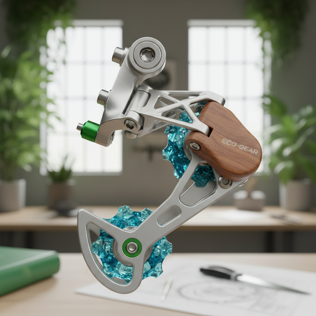 Detalhe de um componente de bicicleta inovador, fabricado com materiais sustentáveis e reciclados, marcando a nova era da engenharia ecologicamente correta no MTB.