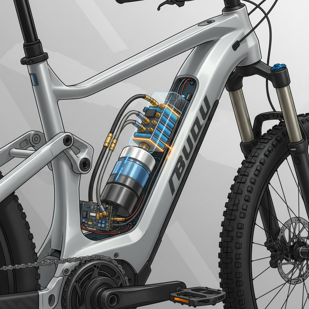Detalhe de um módulo compacto de célula de combustível de hidrogênio integrado ao quadro de uma E-MTB, destacando a engenharia e a inovação por trás da autonomia estendida.