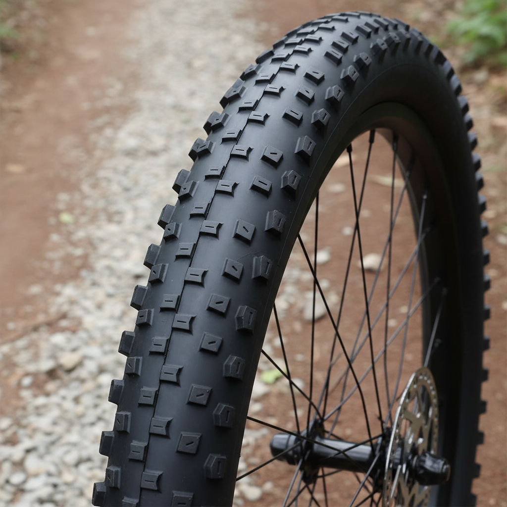 Um pneu híbrido detalhado, exemplificando a fusão de design gravel e MTB, ideal para desempenho em diversos terrenos.