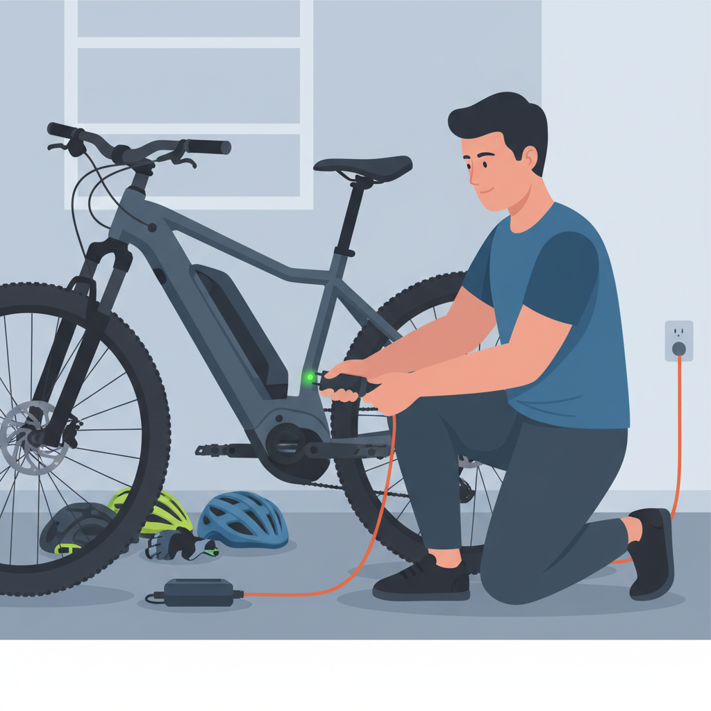 Ciclista de E-MTB conectando a bateria para recarga em ambiente doméstico.