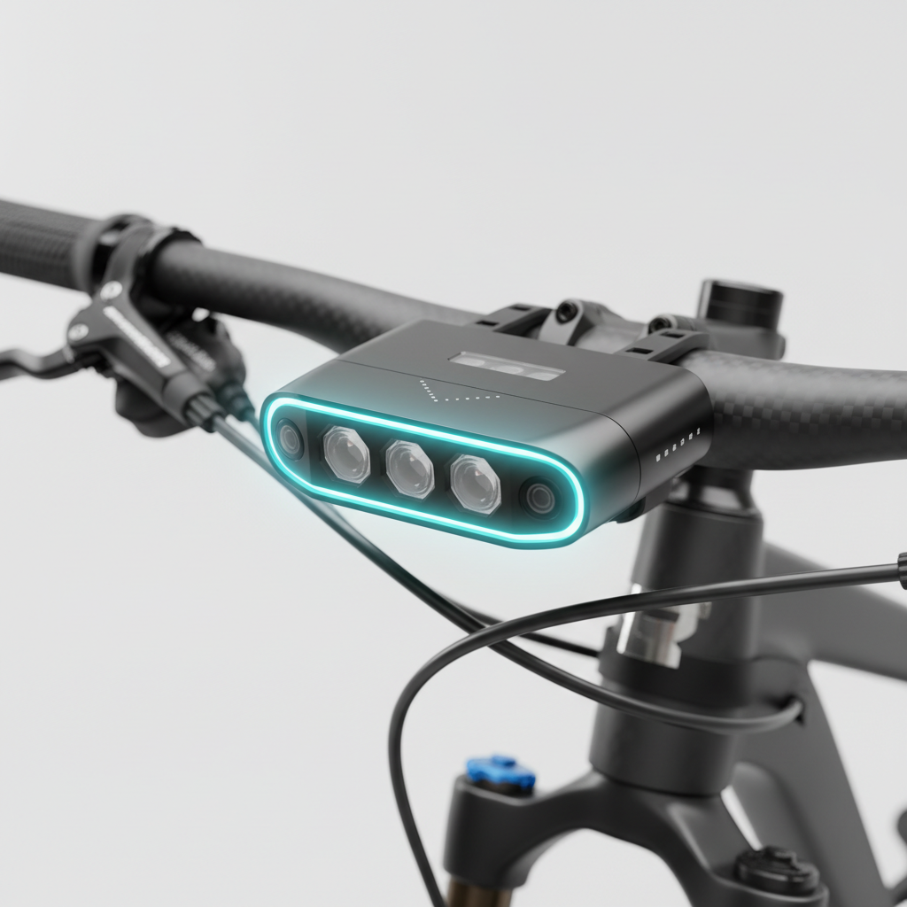Detalhe de uma luz de bicicleta inteligente montada no guidão de uma MTB, evidenciando seu design moderno e a tecnologia avançada com sensores e lentes múltiplas.
