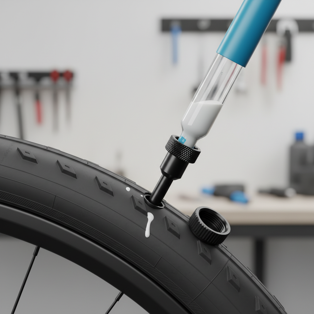 Processo de instalação de pneu tubeless, com foco na injeção do selante através da válvula para vedação e proteção.