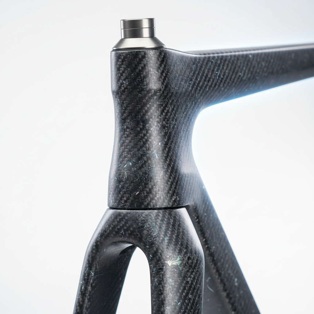 Uma visão detalhada de um quadro de bicicleta MTB com textura distintiva de fibra de carbono reciclada, simbolizando a inovação e o compromisso com a sustentabilidade sem comprometer a resistência e a leveza.