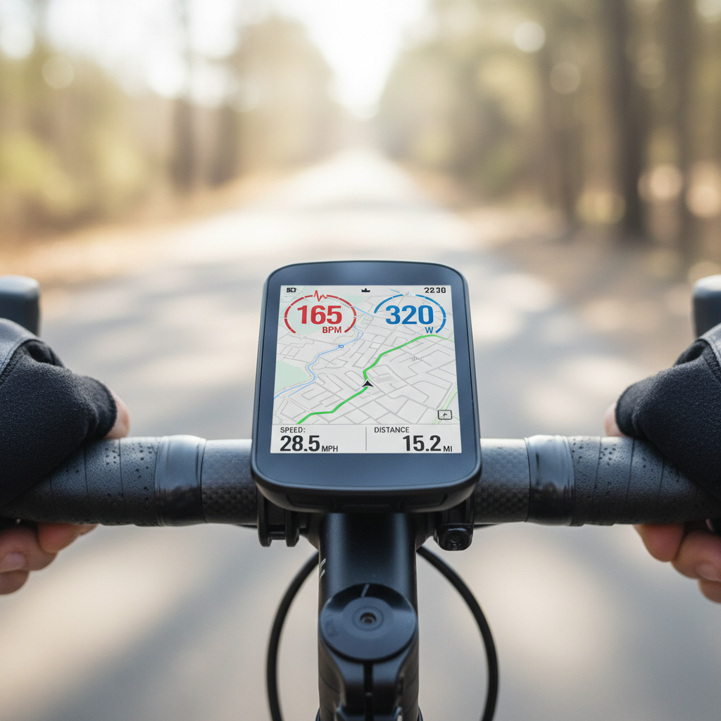 Detalhe de um ciclocomputador moderno exibindo dados biométricos cruciais, como frequência cardíaca e potência, essenciais para otimizar o treino de MTB.