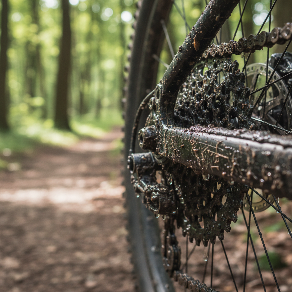 Detalhe da transmissão de uma Mountain Bike após um percurso em condições úmidas e lamacentas. A sujeira acumulada exige uma limpeza e lubrificação meticulosas.
