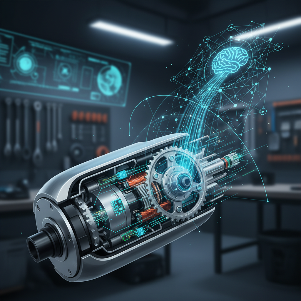 Motor de E-MTB com sensores integrados, exibindo visualização de monitoramento por IA.