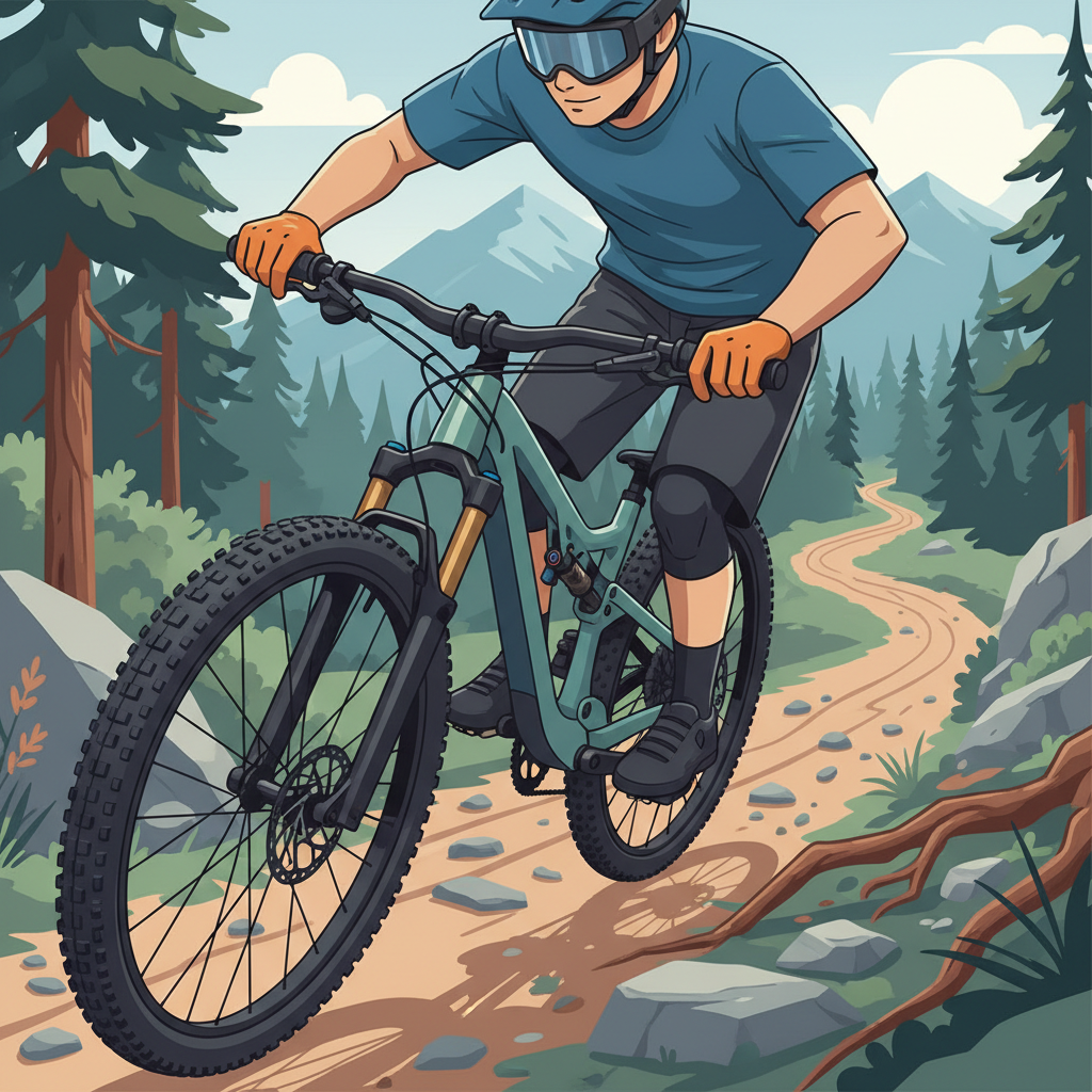 Um ciclista de mountain bike enfrentando uma seção técnica da trilha, destacando a conexão direta entre o controle do guidão e a responsividade do sistema de direção.