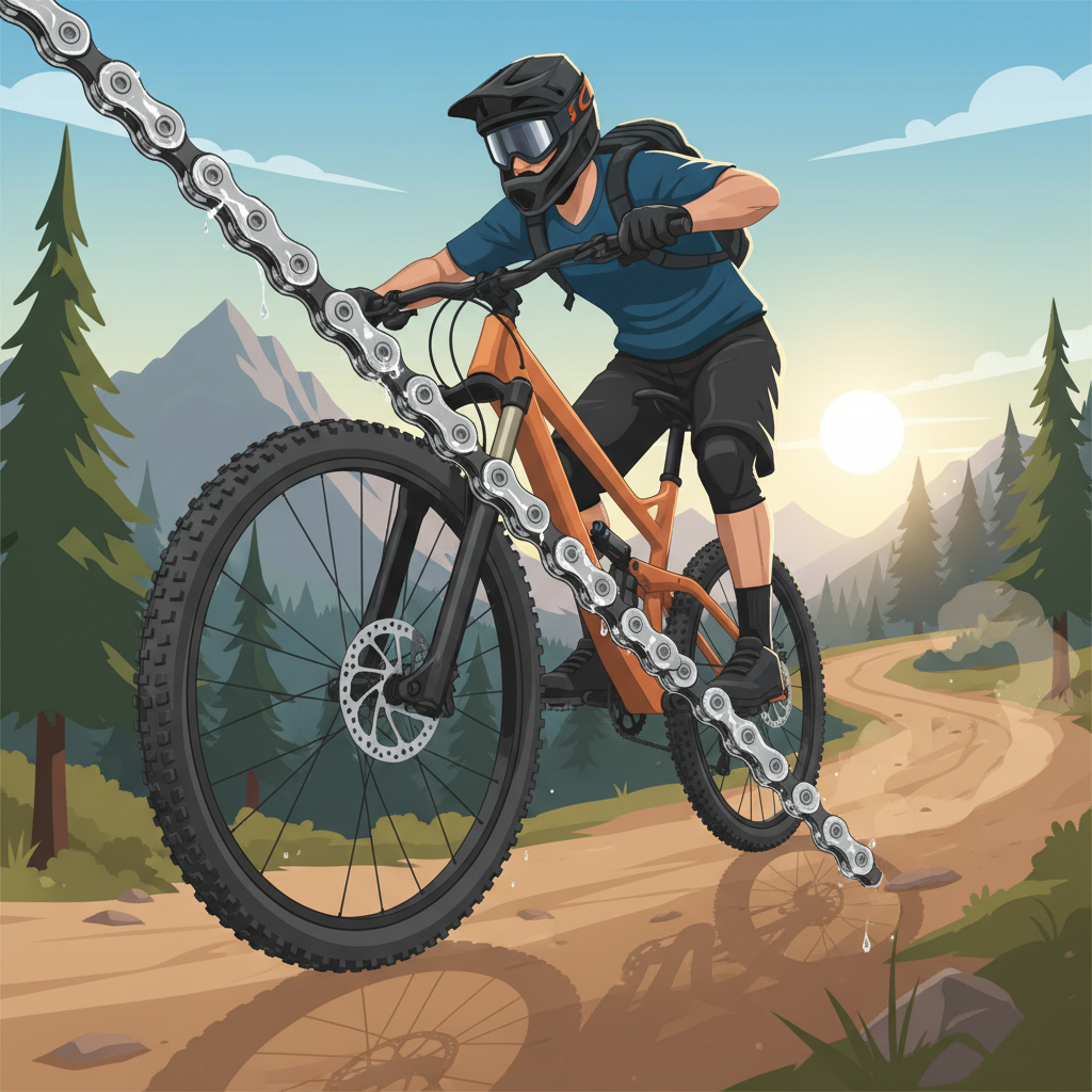 Um ciclista de MTB desfrutando de uma trilha, com sua transmissão impecável graças à manutenção regular com lubrificantes inteligentes.