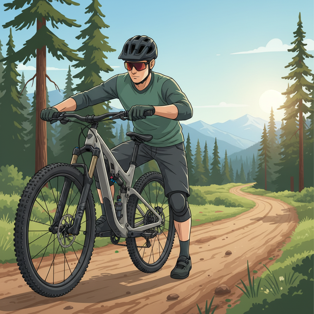 Um ciclista de MTB ajustando seu canote retrátil em uma trilha. A correta manutenção do canote garante ajustes rápidos e eficazes durante o percurso.