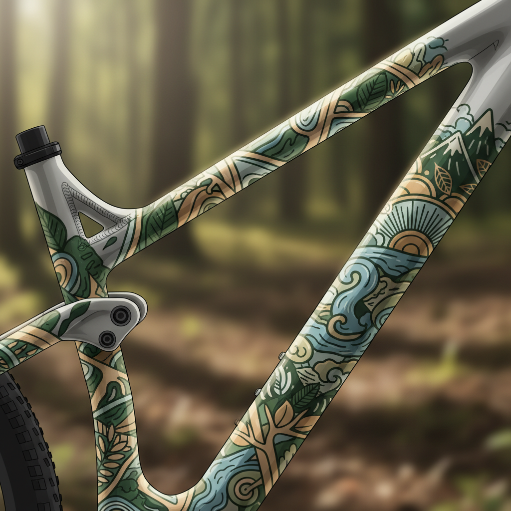 Detalhe de um quadro de mountain bike exibindo um intrincado padrão gráfico com inspirações na natureza, refletindo a crescente preocupação com o design sustentável em 2024.