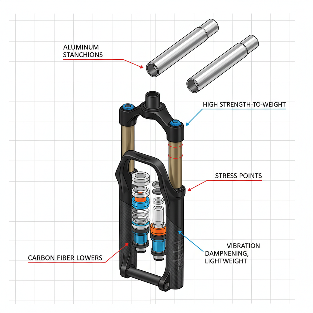 Vista explodida de um garfo de suspensão de mountain bike, com destaque para os diferentes materiais e pontos de estresse.