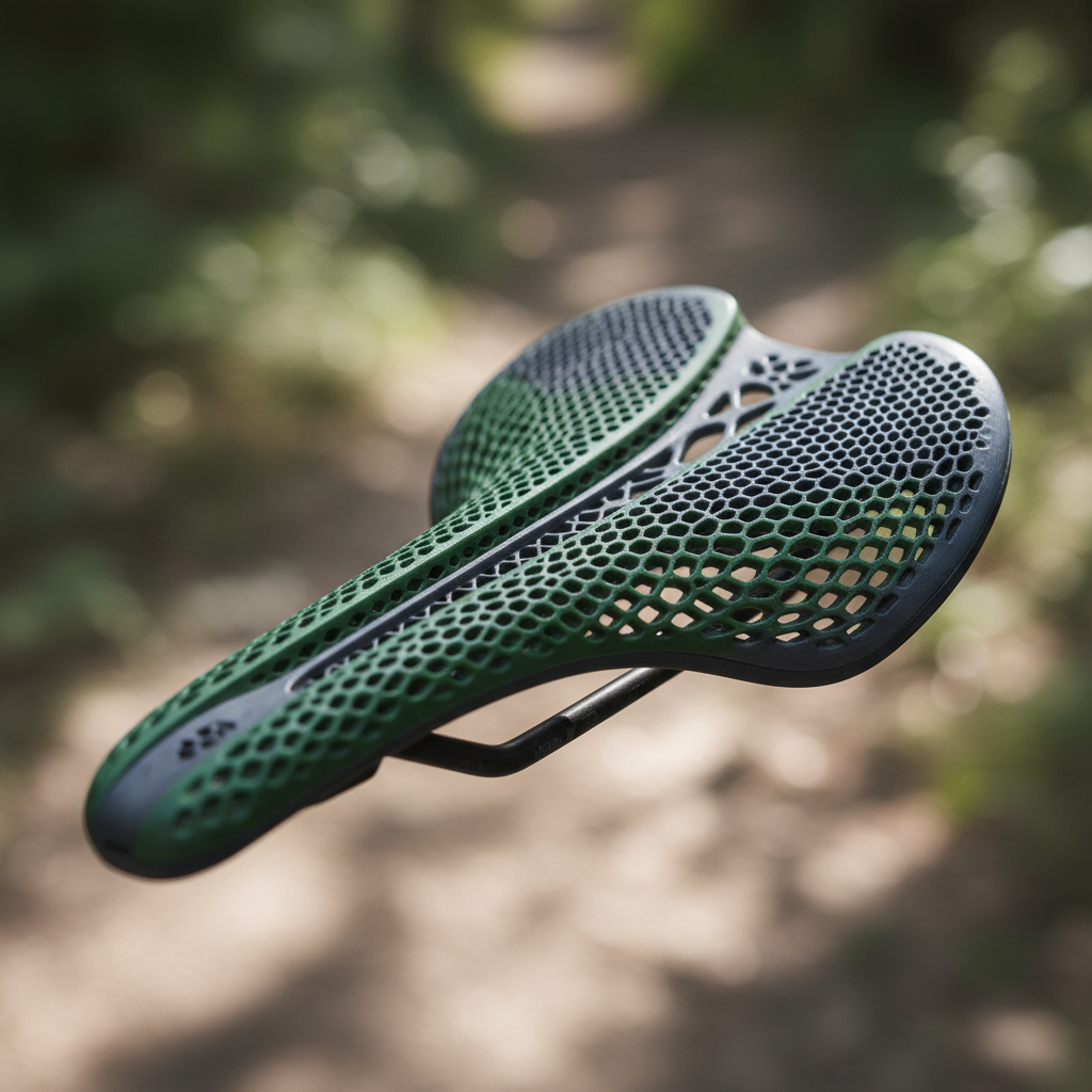 Design detalhado de um selim de MTB bioengenheado, destacando a estrutura interna em treliça e as zonas de densidade variadas para conforto personalizado e alívio de pressão. Este selim representa o ápice da inovação em 2025, utilizando impressão 3D para otimizar a ergonomia e o suporte.