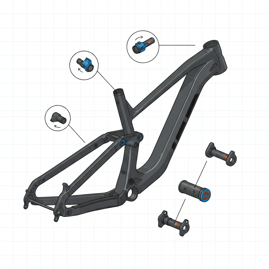 Diagrama detalhado dos mecanismos de geometria ajustável em um quadro de MTB, evidenciando a engenharia por trás do sistema.