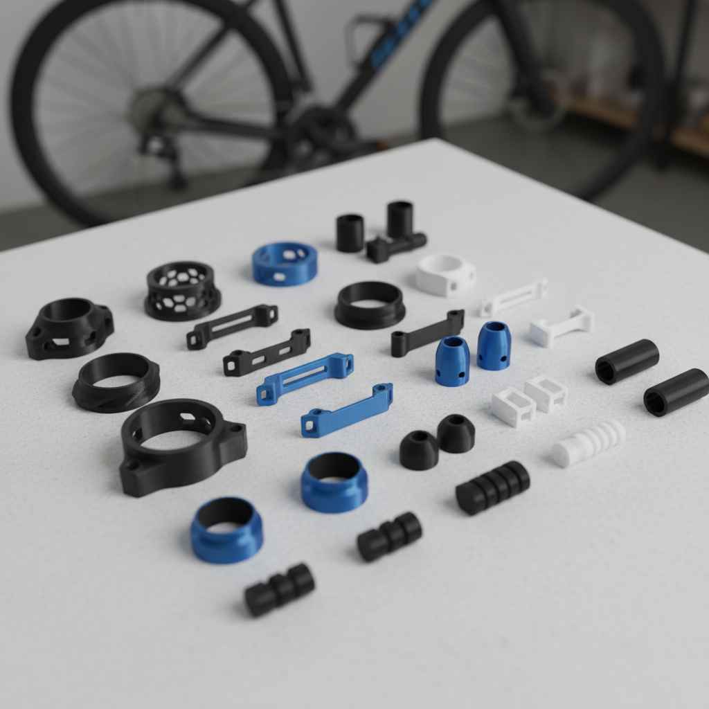 Uma variedade de componentes de bicicleta impressos em 3D, demonstrando a precisão e a diversidade de peças que podem ser produzidas.