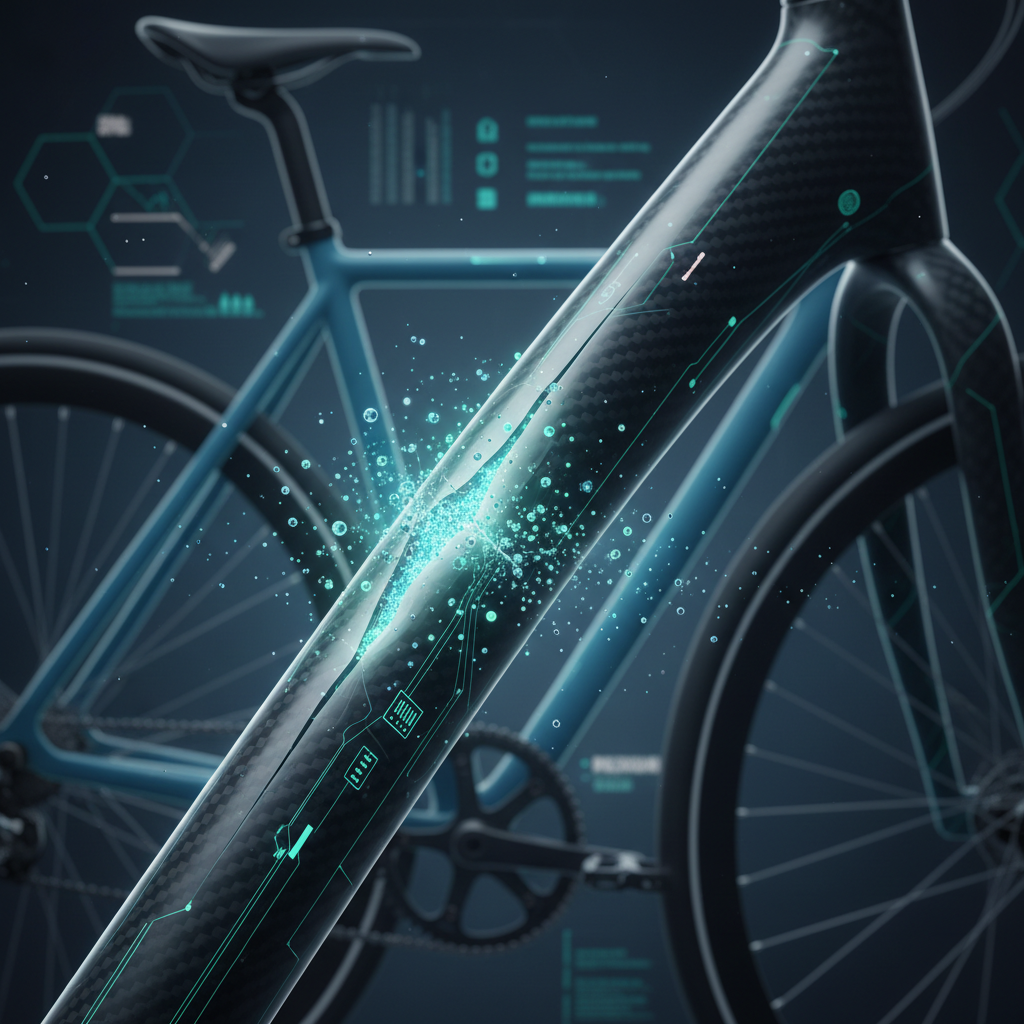 Uma visão detalhada de um quadro de bicicleta feito de material inteligente de reparo autônomo, onde microfissuras são corrigidas por nanopartículas, simbolizando a cicatrização do material.