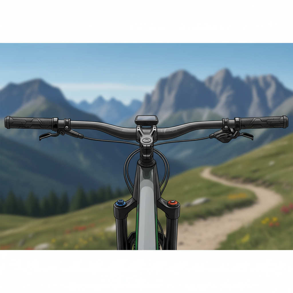 Detalhe do cockpit de uma mountain bike moderna, destacando a integração de cabos e o design elegante dos componentes para melhor aerodinâmica sem sacrificar a robustez.