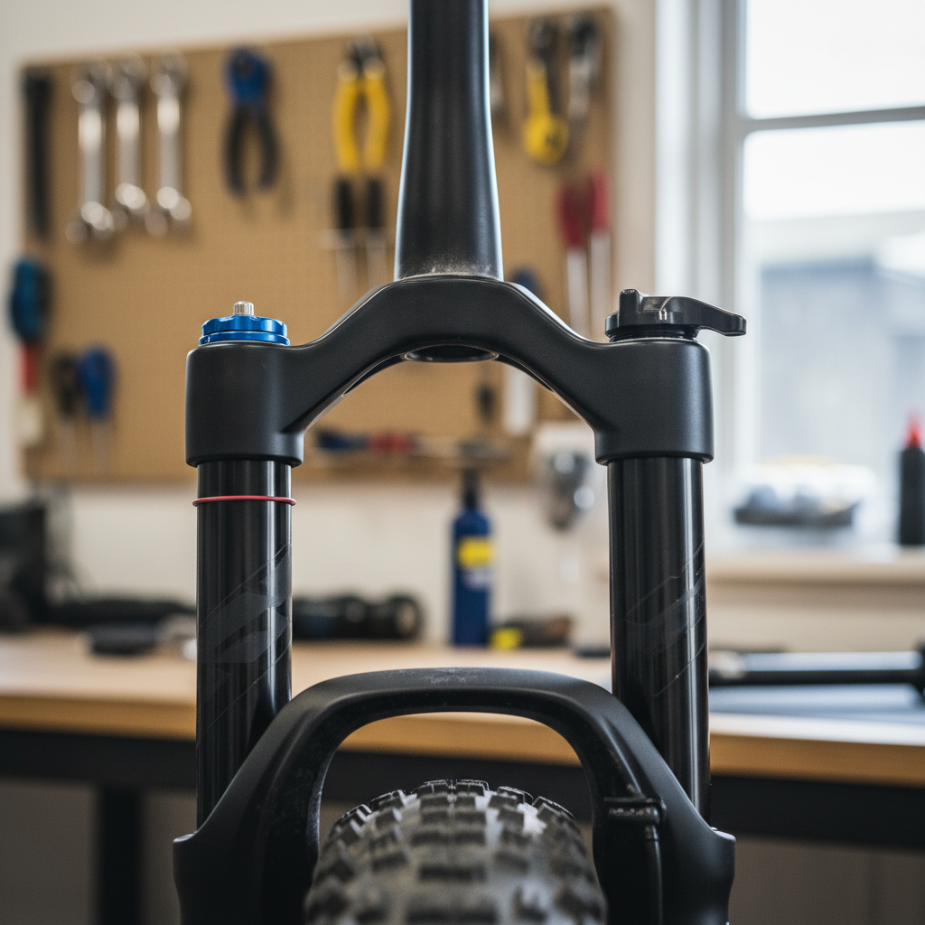 Detalhe de uma suspensão a ar moderna para MTB, evidenciando as válvulas de ajuste e a importância da limpeza para sua performance.