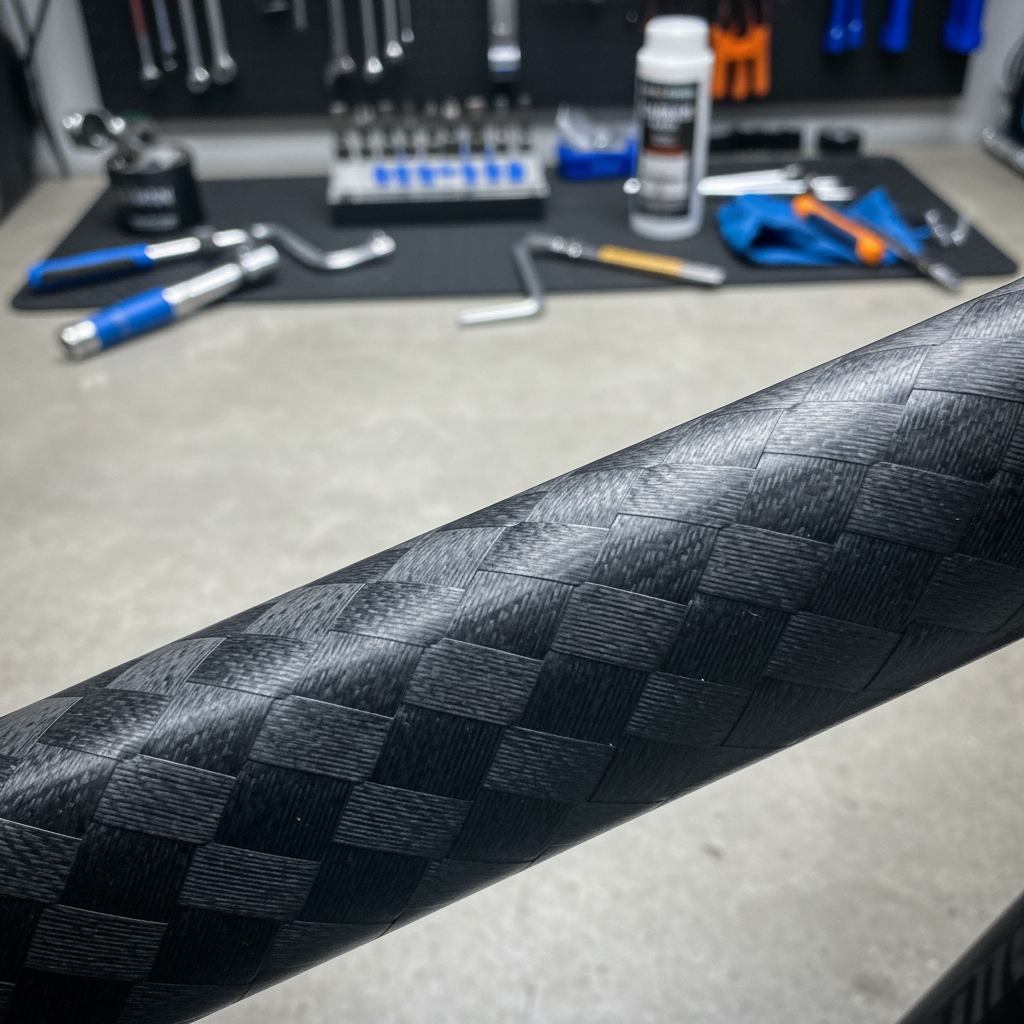 Detalhe de um quadro de bicicleta em fibra de carbono, evidenciando o padrão de tecelagem complexo e as ferramentas de manutenção, simbolizando a precisão e o cuidado necessários para a durabilidade dos componentes.
