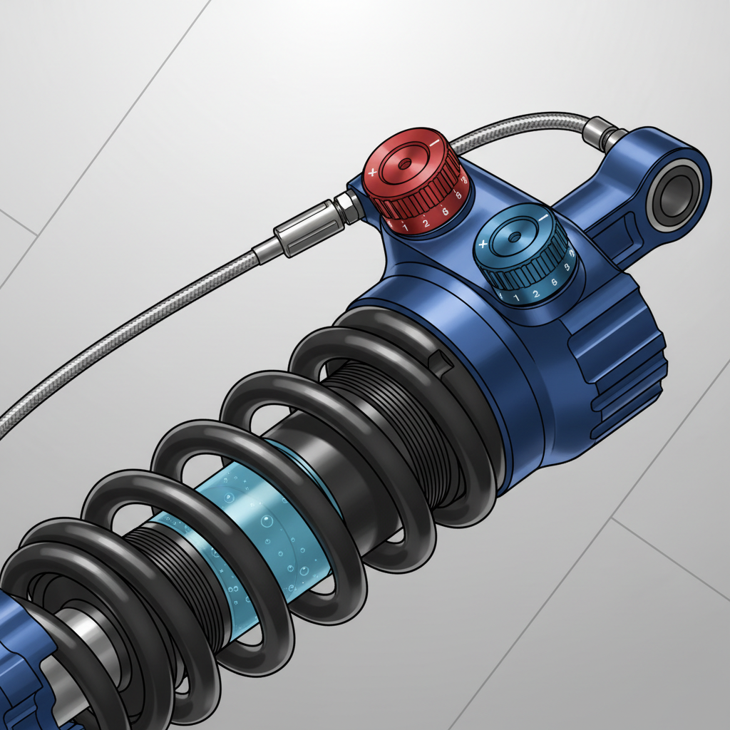 Detalhe de um amortecedor traseiro de MTB de alta performance, evidenciando os componentes de ajuste e tecnologia embarcada.