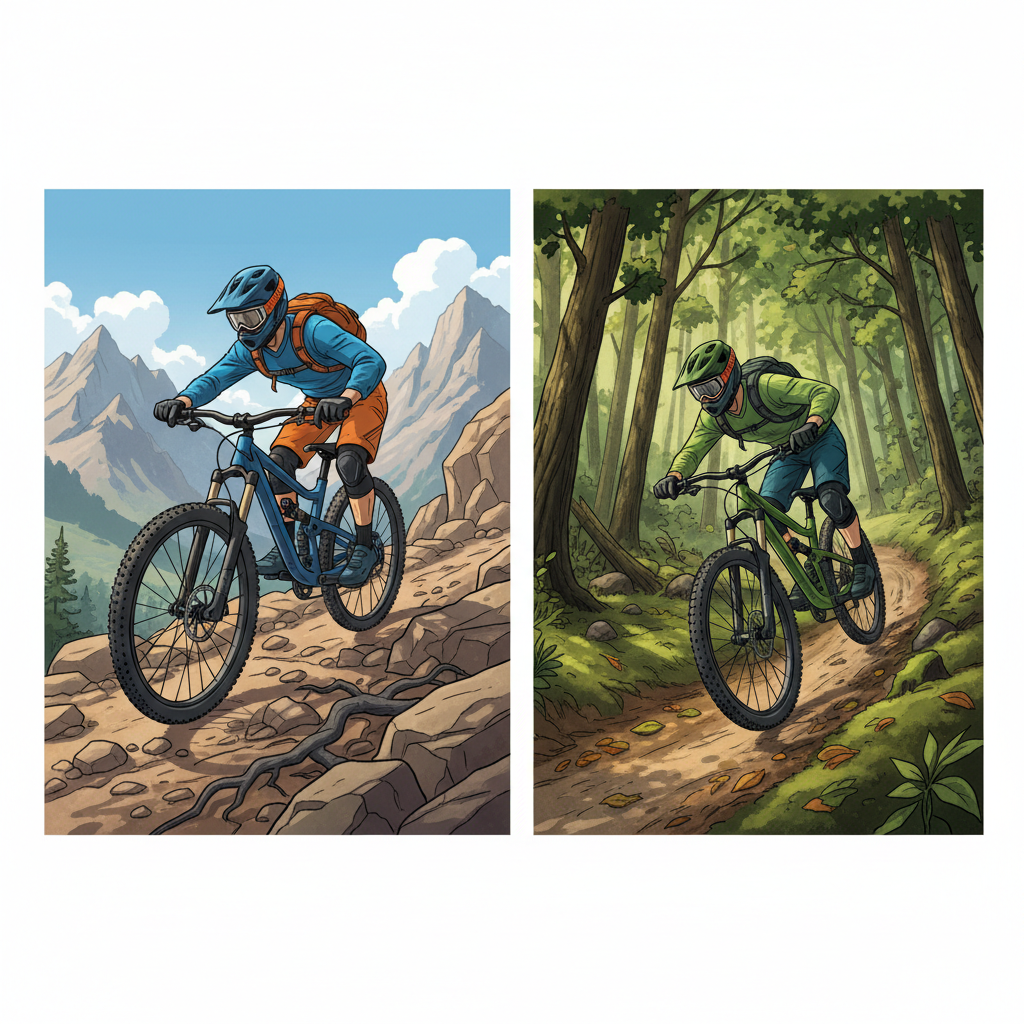Ciclistas em suas mountain bikes, ilustrando a versatilidade entre rodas 29er para subidas rochosas e 27.5 para trilhas sinuosas.