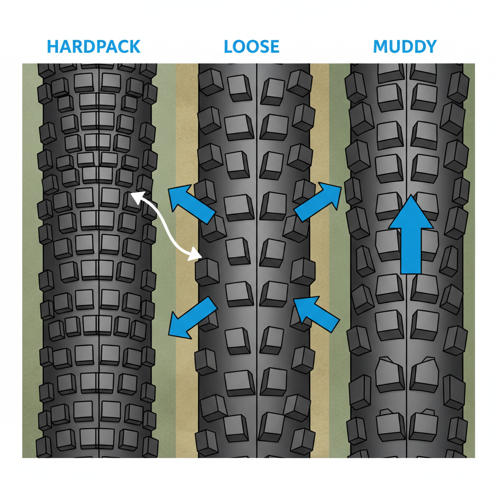 Pneu de mountain bike em close-up, exibindo diferentes padrões de cravos otimizados para terrenos duros, soltos e lamacentos.