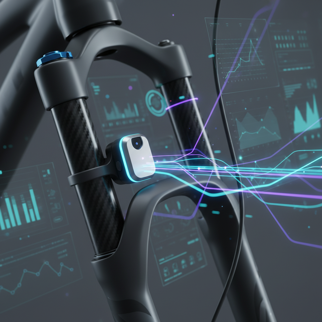 Um sensor inteligente em um componente de bicicleta, com dados digitais ao fundo, simbolizando a coleta e análise de informações para a manutenção preditiva.