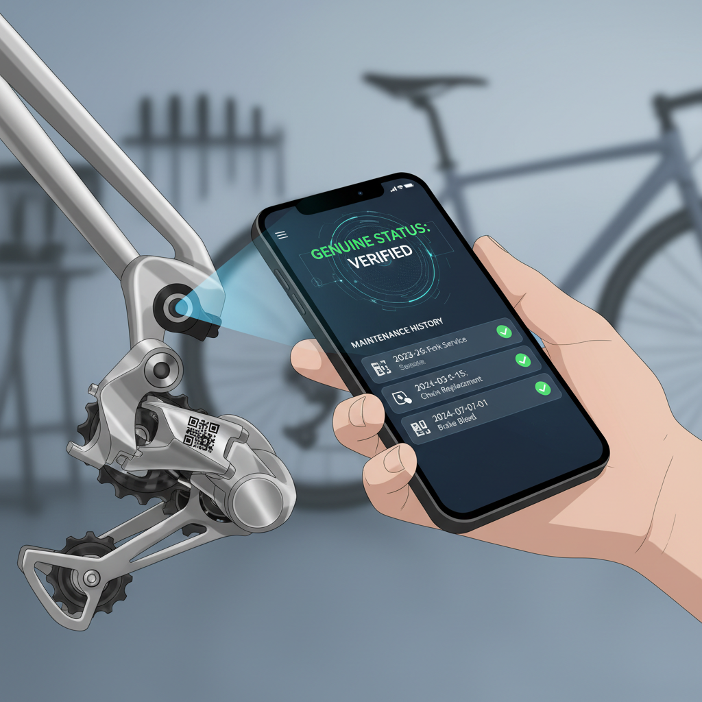 Um componente de bicicleta com um código QR sendo escaneado por um smartphone, revelando sua autenticidade e histórico de manutenção via blockchain.