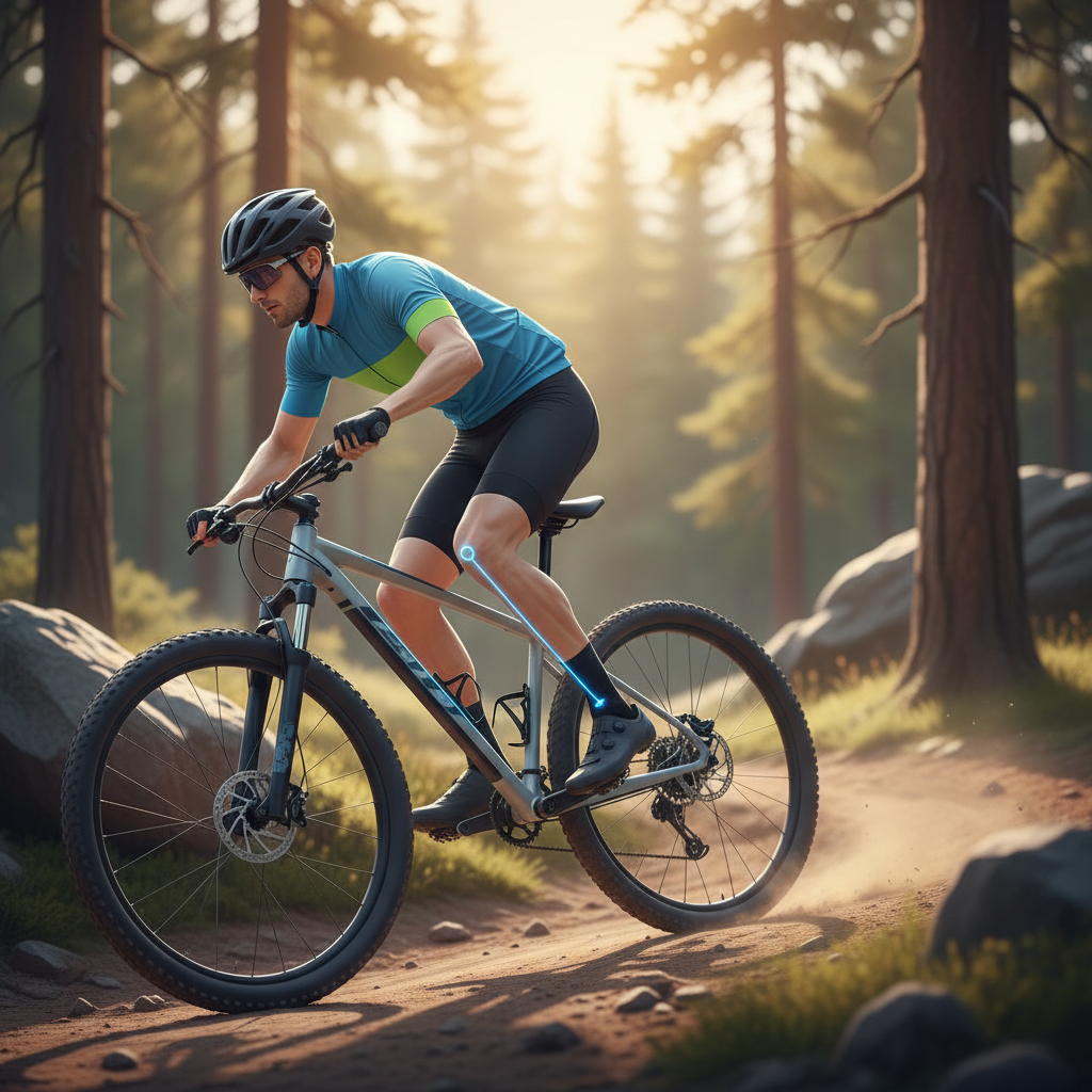 Ilustração da forma correta de pedalar em uma mountain bike, evidenciando o alinhamento ideal das pernas e joelhos para máxima eficiência e prevenção de lesões.