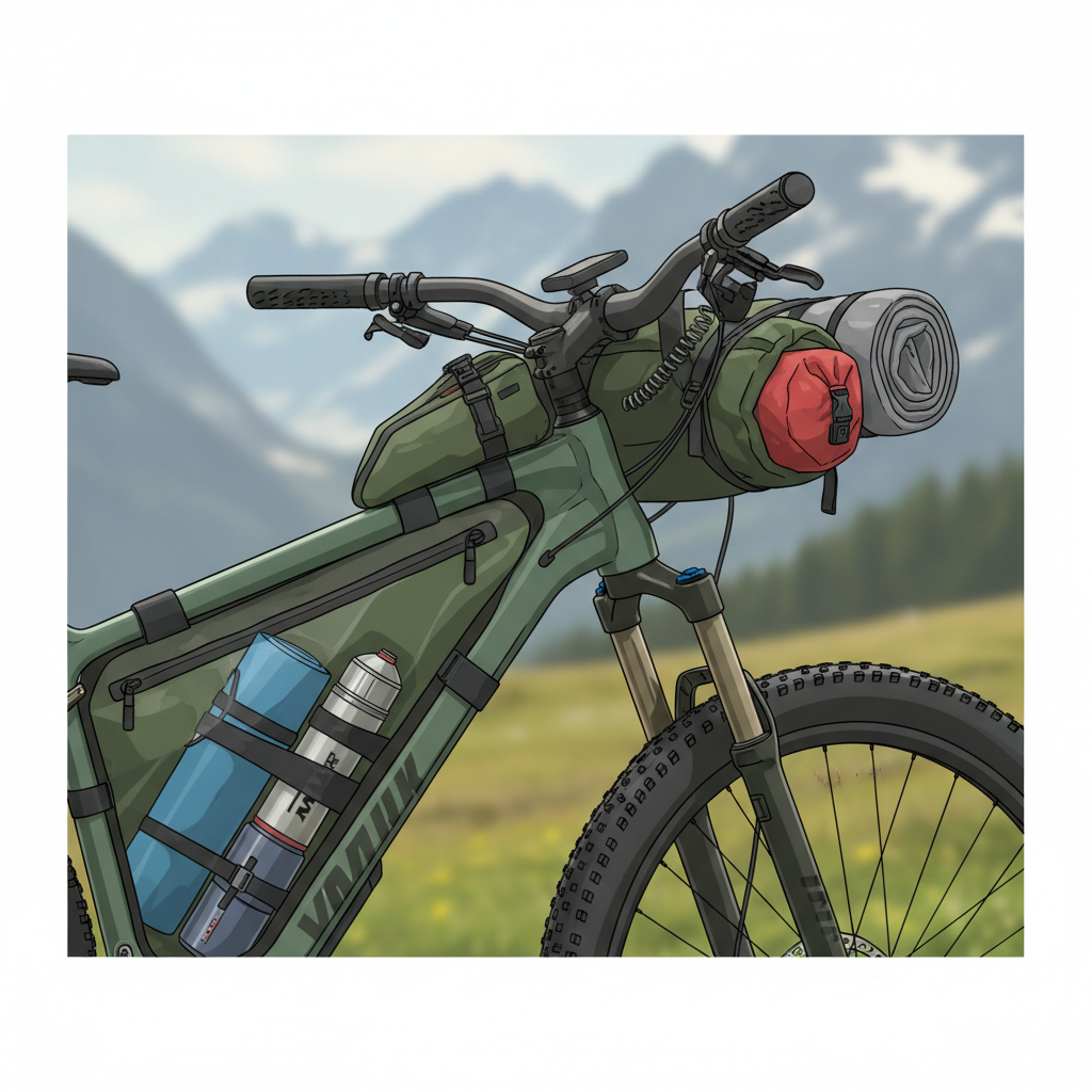 Detalhe da distribuição eficiente de carga em uma bicicleta de MTB, com bolsas de quadro e guidão, evidenciando a organização e otimização para trilhas.